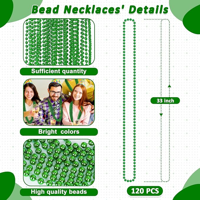 Mardi Gras Beads, 120 PCS Mardi Gras Accessories, 33 IN Green Bead Necklaces, St Patricks Day Parade Throws Bulk Party Beads Favors for Christmas Carnival Pirate Decorations