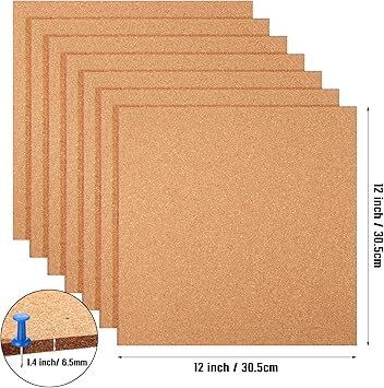 16 Pieces Cork Board Tiles 12 x 12 Square Bulletin 14" Thick Cork Board with 80 Self Adhesive Squares Included for Office, School and Home