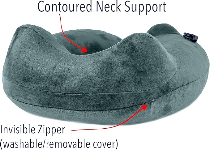 Inflatable Travel Pillow with Luxuriously Soft Washable Cover - Ergonomic Neck and Lumbar Support for Prevention of Cervical and Lower Back Pain (Daydreamer Grey)