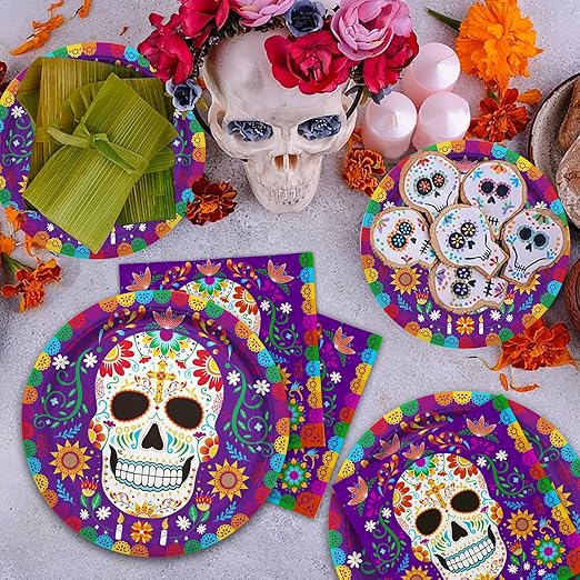 Day of the Dead Party Supplies Kit Serve 25, Includes Disposable Sugar Skull Dinner Plates, Dessert Plates, Napkins, Cups and Tablecloth, DÃa de los Muertos Party Decorations
