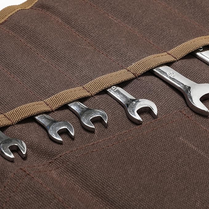 Tool Roll, Wrench Organizer Roll Up Tool Pouch with 24 Pockets Durable Waxed Canvas 16 OZ Portable Tool Storage Carrier Bag(33.5 X 13.5 IN Brown)