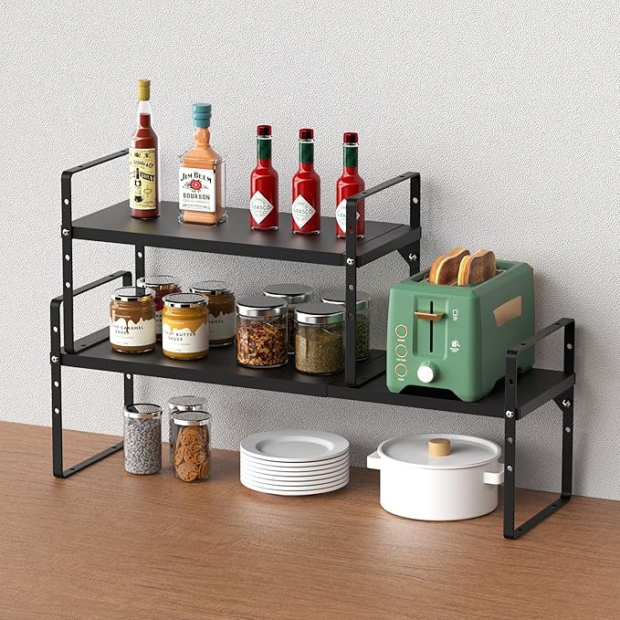 SANNO Expandable Kitchen Shelf Organizers, Stackable Cabinet Shelf Organizer Storage Rack, Countertop Organizer Kitchen Pantry Cupboard Pantry,Black, 10" W, 1 Pack
