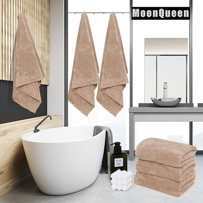 MOONQUEEN 6 Pack Premium Bath Towel Set - Quick Drying - Microfiber Coral Velvet Highly Absorbent Towels - Multipurpose Use as Bath Fitness, Bathroom, Shower, Sports, Yoga Towel (Brown)