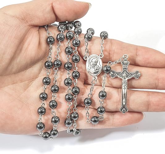 Nazareth Store unisex-adult Hematite Rosary Black Stone Beads Necklace with Jerusalem Holy Soil Cross Antique Religious Rosaries Beads Collection