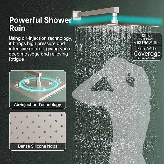 Hoimpro 12 Inch Square Rain Shower Head, Large Waterfall Rainfall Showerhead, High Pressure Stainless Steel Rainhead, 116'' Ultra-Thin Water Saving Design with Silicone Nozzle, Brushed Nickel
