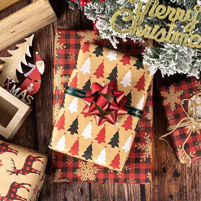 MAYPLUSS Kraft Christmas Wrapping Paper Roll - Mini Roll - 17 inch X 120 inch Per roll - 3 Different Red Reindeer Snowflakes Design (42.3 sq.ft.ttl)