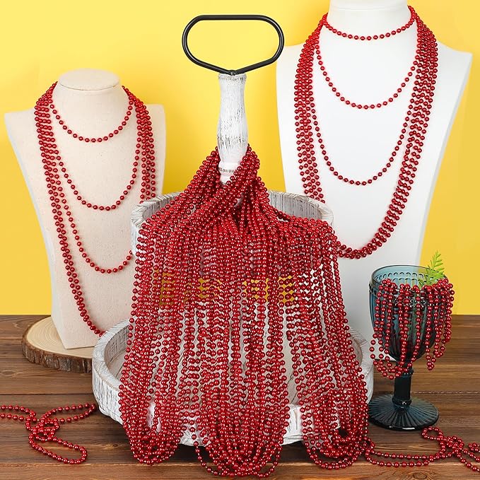 15PCS Red Bead Necklace, Valentines Stuff Beads Necklace Party Favors, 33" Beaded Necklaces Festival Parade Throw Accessories, Wedding Birthday Mardi Gras Christmas Celebrations Decorations