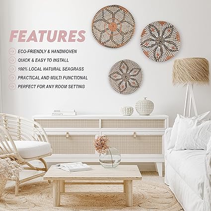 Clinton Calicep Nicolea Woven Wall Basket Decor Set of 3 - Modern Boho Rustic Wicker Hanging Wall Baskets - Natural Decorative Storage for Bedroom, Kitchen, Living Room Dining Room