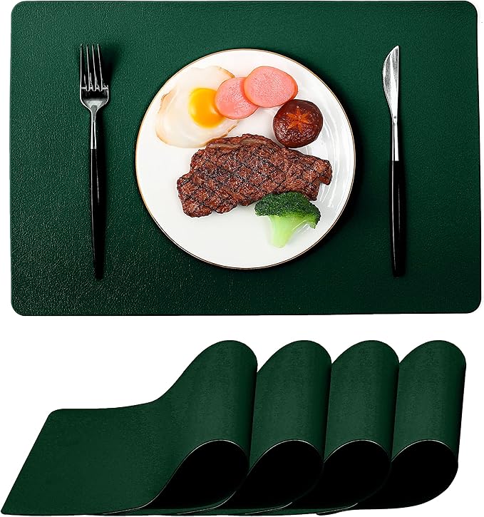 Dark Green Place Mats Indoor Set of 4, Washable Wipeable Table Placemats, Waterproof Leather Table Mats Sets for Kitchen Dining (Dark Green4)