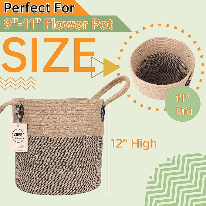 Jute Rope Basket 12"x 12" Woven Plant Basket with Handles for 8"-11"Plant Pots,Boho Indoor Planters Cover,Multifunctional Basket for Outdoor PlantsAAArtificial PlantAAPicnicAAStorage