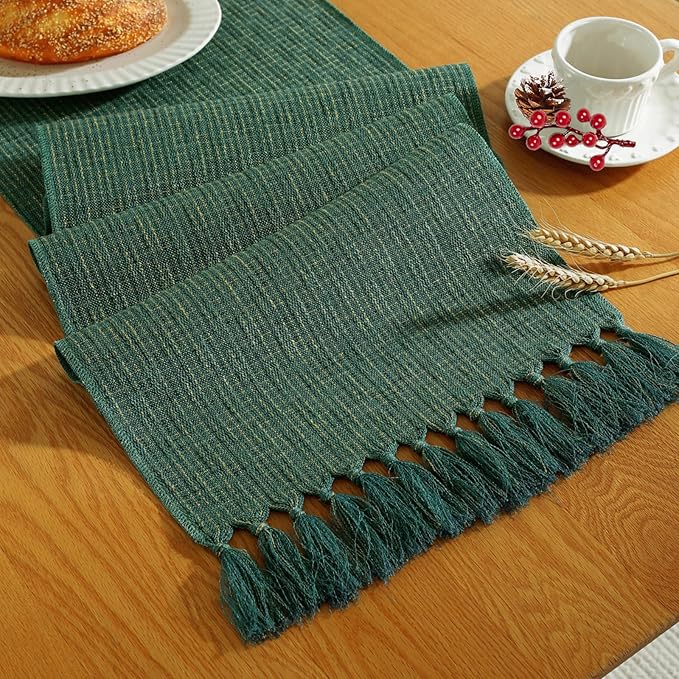 Laolitou Christmas Table Runner with Tassels, Boho Farmhouse Rustic Table Runners 72 Inches Long for Holiday Party, Wedding and Dining Table Decor, 13x72 Inches, Dark Green