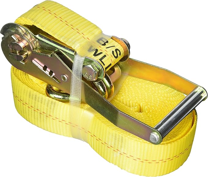 NK NK-RCJ2X27 2 Inch X 27 Fooot Yellow Ratchet Strap with Double J Hooks-Long Wide Handle, Webbing with Print, Tie-Down Cargo Truck (Yellow, 2" x 27', Qty:1)