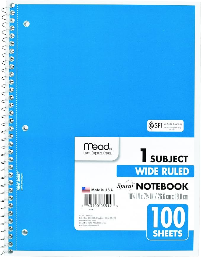Mead Spiral Notebook, 1 Subject, Wide Ruled Paper, 100 Sheets, 10-12" x 8", Color Selected For You, 1 Count (05514) (Pack of 2)