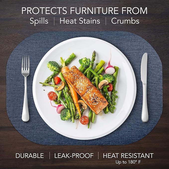 Andie Home Oval Placemats for Kitchen Table and Dining Room, 6-Piece Set, Heat-Resistant and Surface Washable Placemat, Indigo Blue, 17"x12"