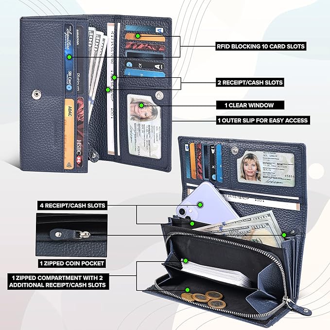 Ozora Multi Card Holder Handmade Leather Wallet with RFID Protection & Zipper Pockets with ID Window for Women