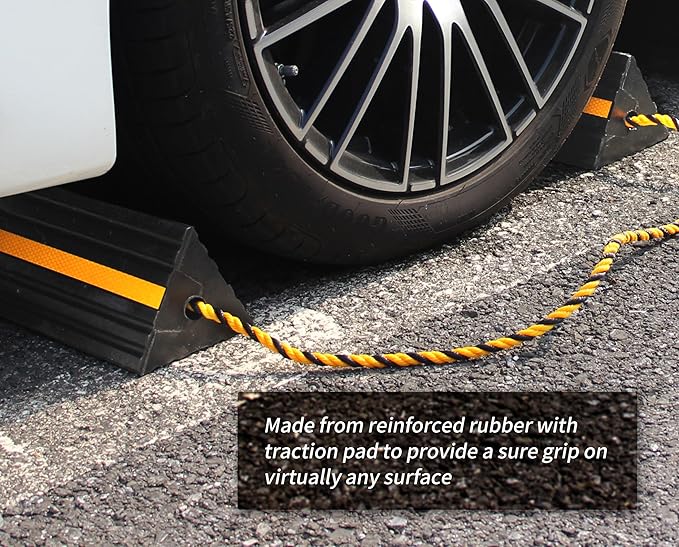 MaxxHaul 50019 Heavy Duty 3-Sided Rubber Wheel Chock with Yellow Reflective Strips and Nylon Rope and Non-Slip Base - 1 Pair