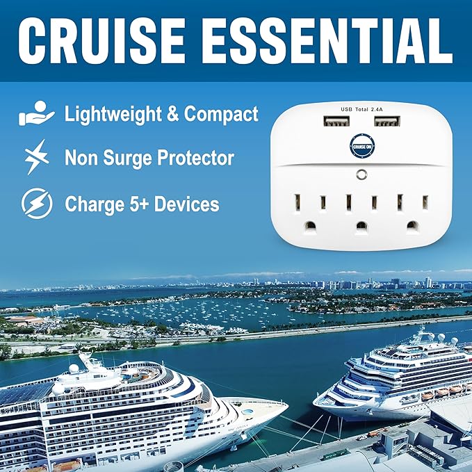 Cruise Approved Power Strip - Non Surge Protector for Cruise Ship with 2 USB Outlets - Cruise Ship Essentials 2024 for Carnival, Princess, Norwegian, Holland America, MSC Major Cruise Lines (White)