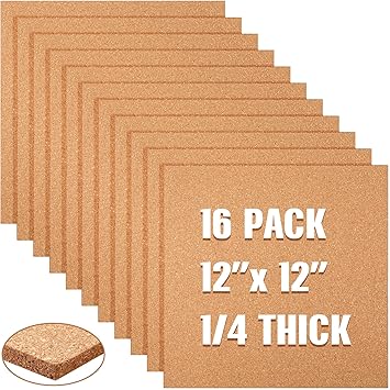 16 Pieces Cork Board Tiles 12 x 12 Square Bulletin 14" Thick Cork Board with 80 Self Adhesive Squares Included for Office, School and Home