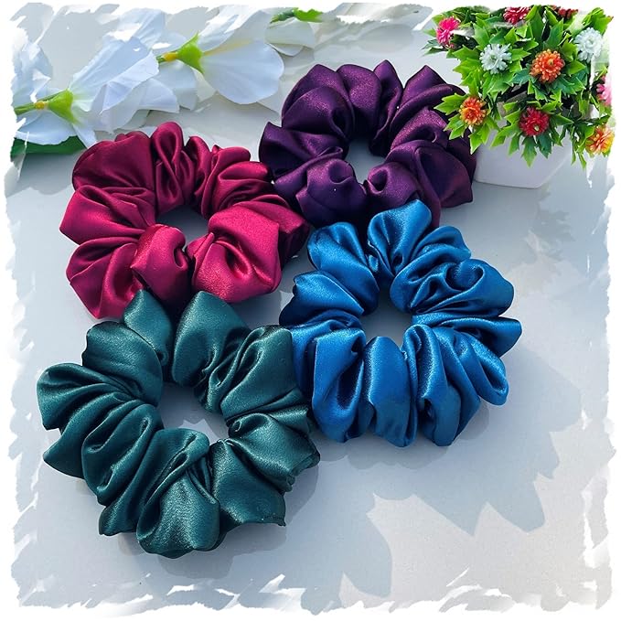 Luxury Silk Scrunchies for Women and Girls, Hair Ties, Hair Band, Ponytail Holder, Set of 4, Combo-14