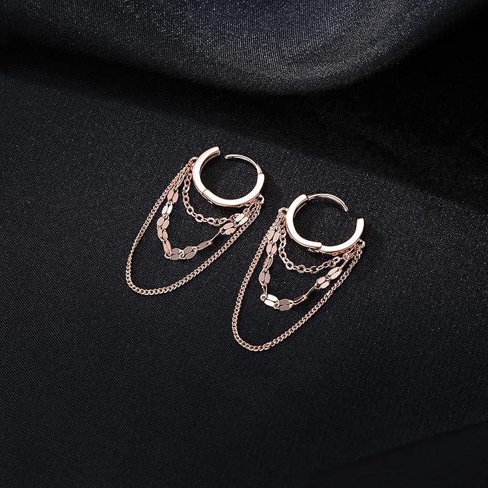 Reffeer Solid 925 Sterling Silver Chain Drop Earrings Hoop for Women Teens Hoop Earrings Tassel Chain Huggie Dangle Earrings