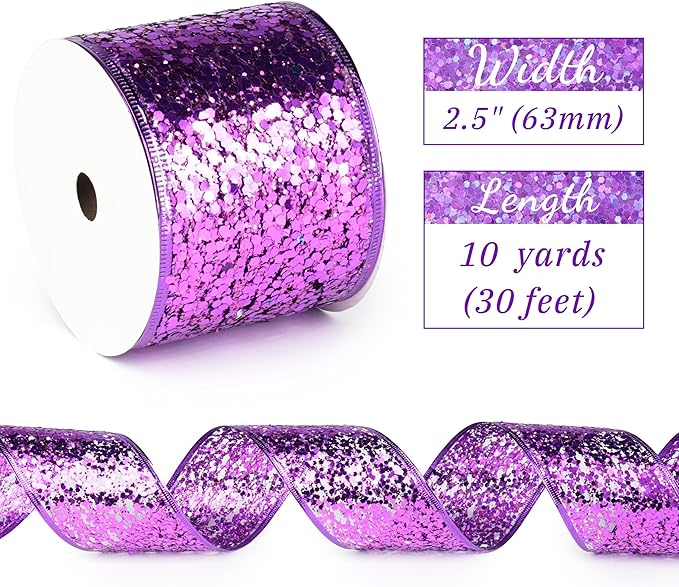 MAYREEL 2.5 Inch Purple Mesh Wired Halloween Ribbon Metallic Sequin Glitter Web for Christmas Tree Gift Wrapping Crafts Topper Bows Wreaths Holiday Decor Garland 10 Yards