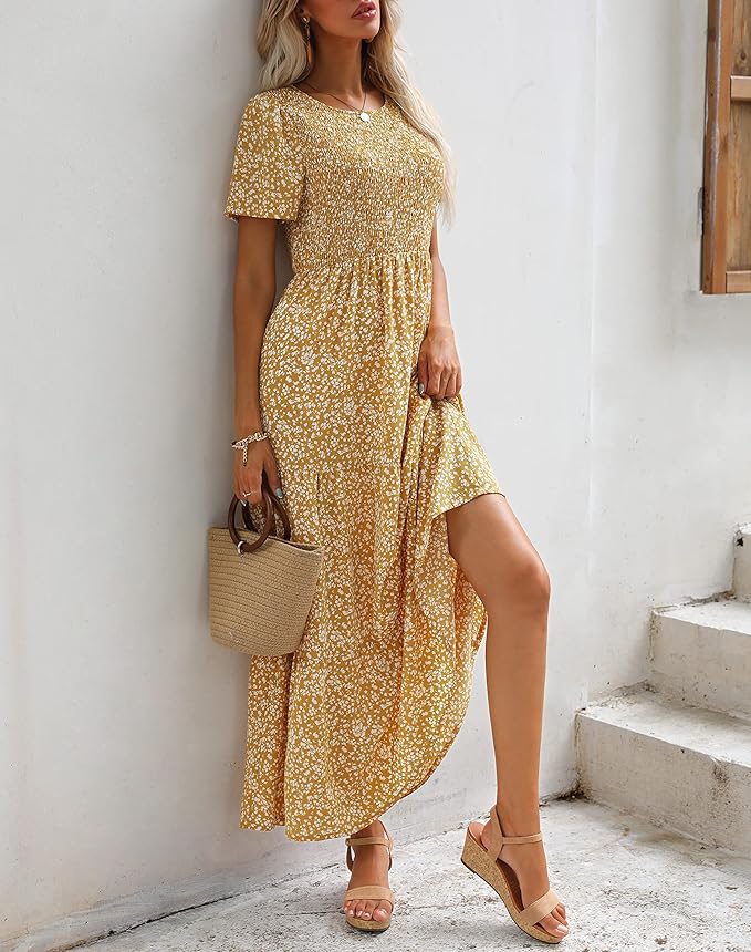 Maggeer Womens 2025 Spring Summer Smocked Wedding Guest Maxi Dress Casual Short Sleeve Floral Boho Flowy Long Dress