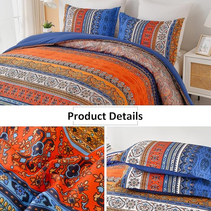 Boho Comforter Queen Size, 3 Piece Blue Orange Bohemian Striped Western Comforter Set, Ultra Soft Lightweight Microfiber Boho Hippie Bedding Set with 2 Pillow Shams for All Seasons