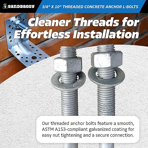 Sandbaggy 34" x 10" Threaded Concrete Anchor L-Bolts (Nuts Washers Included) - Hot Dipped Galvanized - Sill Plate, Base Plate, Masonry, Wood, Cement Anchors, J Bolt (1, 34" x 10")