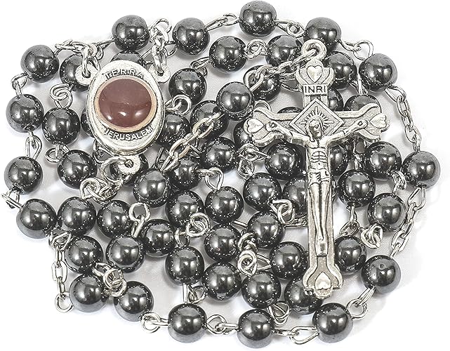 Nazareth Store unisex-adult Hematite Rosary Black Stone Beads Necklace with Jerusalem Holy Soil Cross Antique Religious Rosaries Beads Collection