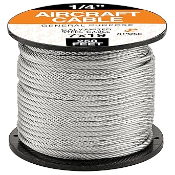 Xpose Safety 7 x 19 Galvanized Steel Aircraft Cable Wire - 14 - 250' Reel - 7,000 lb Break Strength Rope for Pulley System or Winch Loop - Marine Wire, CableDeck Railing, Fencing, Zipline -