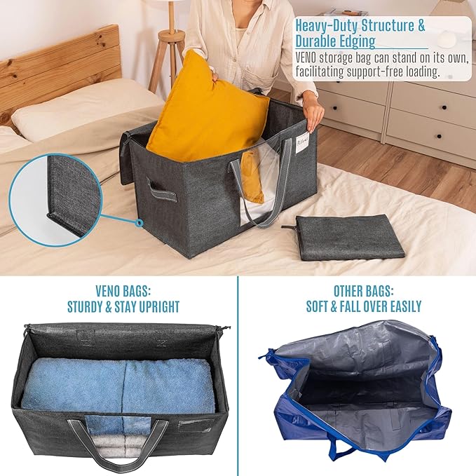 VENO 1 Pack Moving Bags, Comforter and Blanket Storage Bags for Closet, Moving Boxes, Boxes with Lids Alternative, College Dorm Packing Supplies, Foldable Heavy-Duty Tote with Window (Gray, 1 Pack)