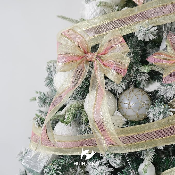 HUIHUANG Pink and Gold Christmas Ribbon 2.5 inch Metallic Gold with Pink Glitter Mesh Wired Ribbon for Christmas Tree Decorations, Garlands, Wreaths, Bows, Crafts, Home Decor-Continuous 10 Yards