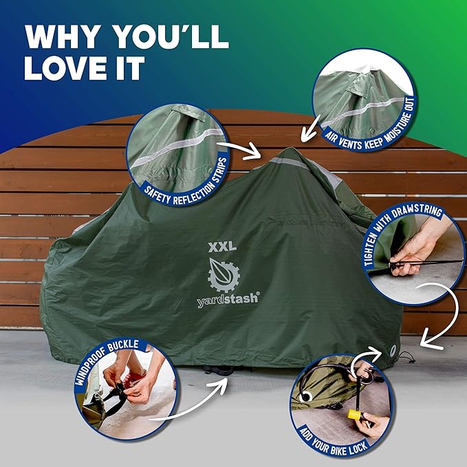 YardStash Bike Cover XXL Reflective Bicycle Covers for Outside Storage - Waterproof Weatherproof Garden Tarp Shelters for Bikes, Trikes, 29ers, and Electric Bicycles Green