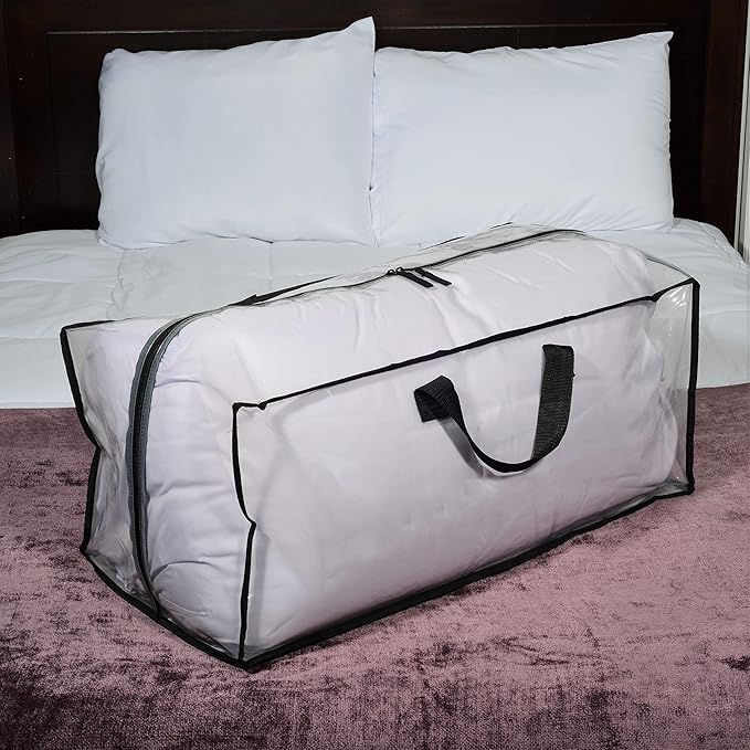 ZENPAC Large Blanket Storage with Handles, Zippered Clear Bags, Heavy Duty, Waterproof for Packing Clothes, Linens, Comforters, 27x12x13.75 3 Pack