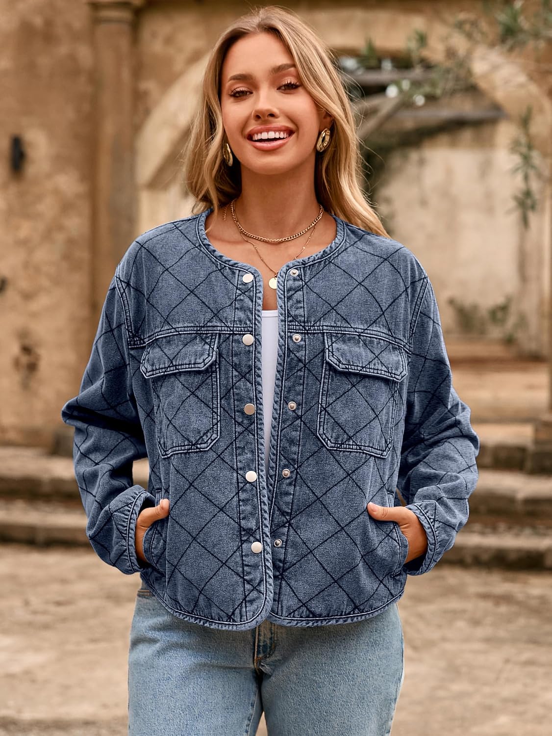 Glamaker Jean Jacket Women Denim Long Sleeve Button Down Diamond Quilted Lightweight Jackets Fall Winter Shacket Coats