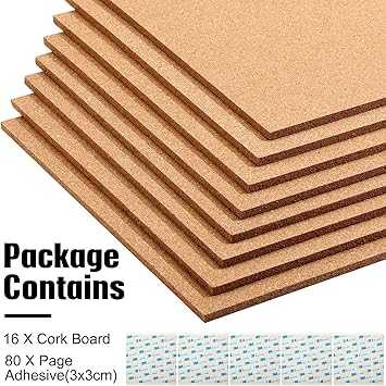 16 Pieces Cork Board Tiles 12 x 12 Square Bulletin 14" Thick Cork Board with 80 Self Adhesive Squares Included for Office, School and Home