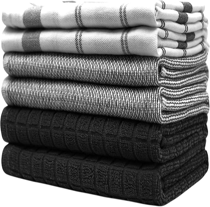 Premium Kitchen Towels (20x 28, 6 Pack) Large Cotton Hand Towels Flat Terry Dish Towels Highly Absorbent Tea Towels Set with Hanging Loop Black Check
