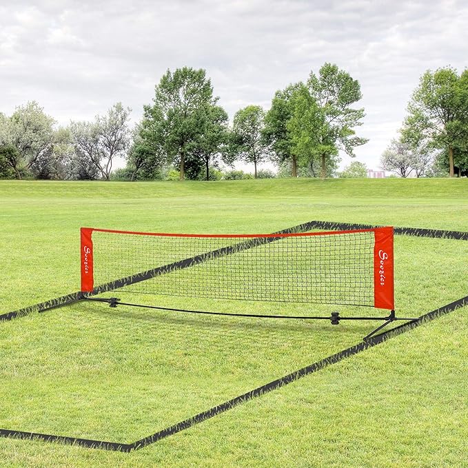 Soozier 10ft Portable Soccer TennisPickleballBadmintonMini Tennis Net wSideline for Training with Included Storage Bag, Red