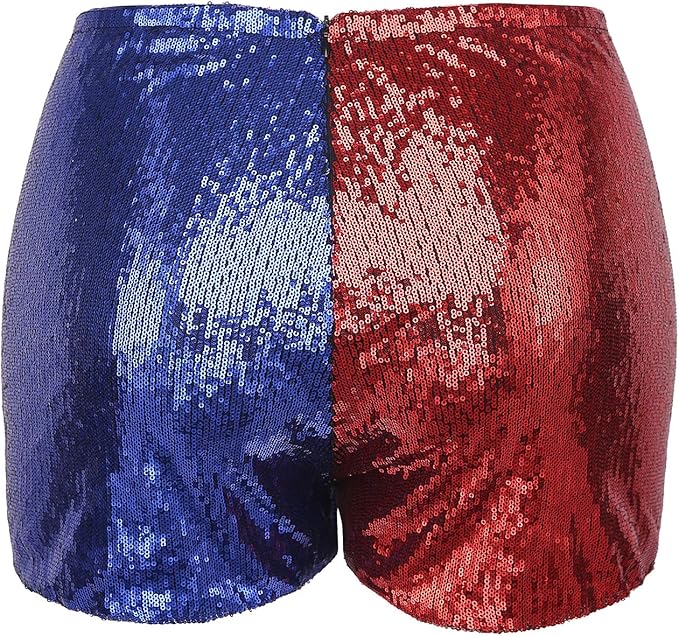 HDE Women's Plus Size Red Blue Sequin Shorts for Harley Misfit Halloween Costume