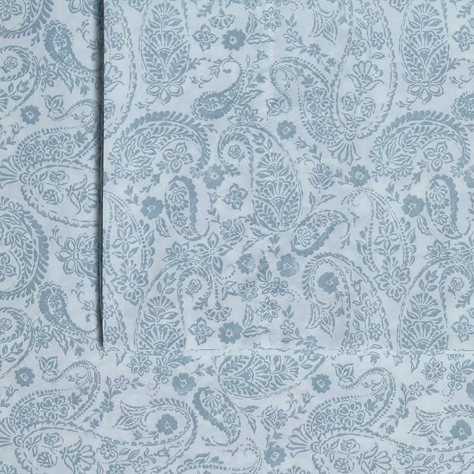 Tribeca Living Cotton Percale California King Size Bed Sheet Set, 300 Thread Count, Extra Deep Pockets, Printed Danielle Paisley Blue