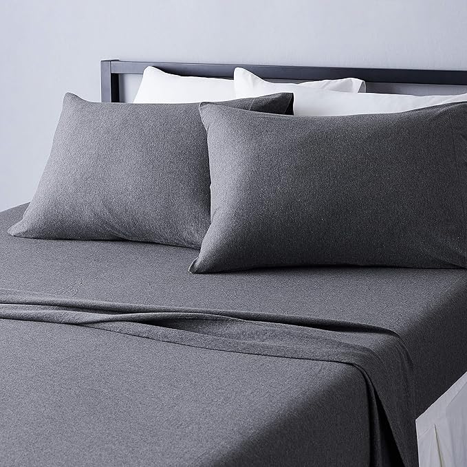 Basics 4 Piece Bed Sheet Set, 100 Cotton Jersey, Includes Super Soft, Flat and Fitted Sheets, Pillowcase, Queen, Dark Gray, Solid