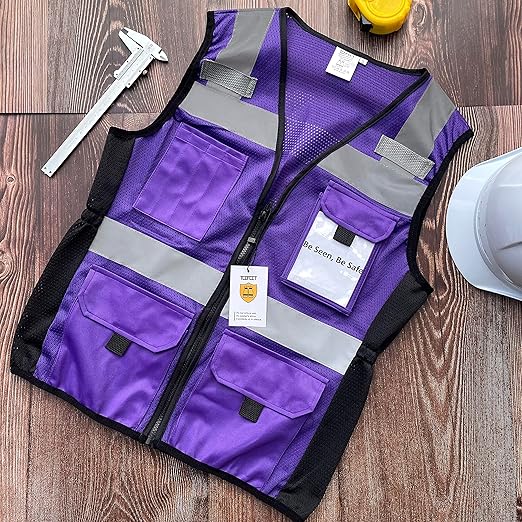 TCCFCCT Safety Vest for Women 11 Pockets Mesh Reflective Vest with Zipper, High Visibility Neon Construction Work Vest for Lady Workers/Surveyors/Drivers, Snug-Fit & Durable, ANSI Compliant, Purple M