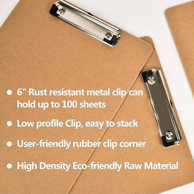 Happyhapi 10 Pack 9" x 12.5" Wooden Hardboard Clipboards with Low Profile Clip, A4 Clip Boards for Office, Home, Classroom