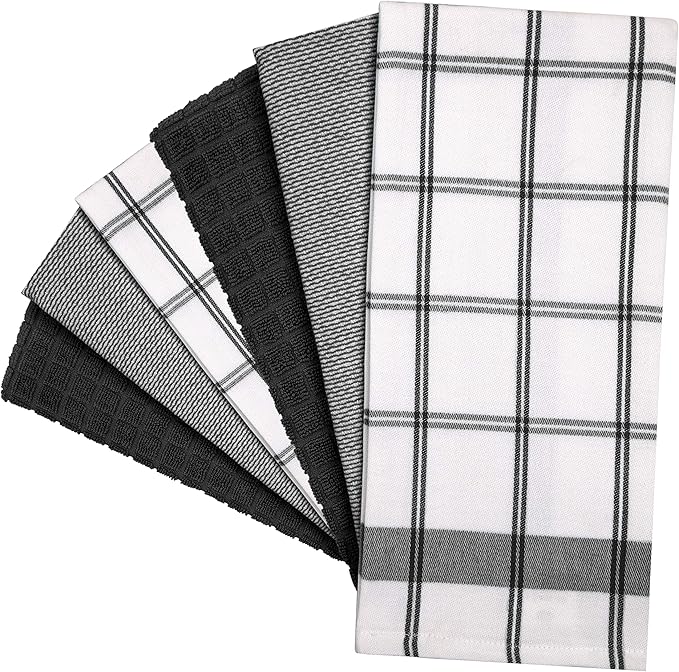 Premium Kitchen Towels (20x 28, 6 Pack) Large Cotton Hand Towels Flat Terry Dish Towels Highly Absorbent Tea Towels Set with Hanging Loop Black Check