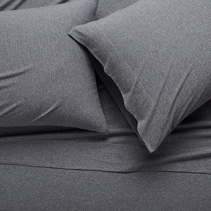 Basics 4 Piece Bed Sheet Set, 100 Cotton Jersey, Includes Super Soft, Flat and Fitted Sheets, Pillowcase, Queen, Dark Gray, Solid