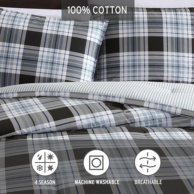 Eddie Bauer - King Comforter Set, Cotton Reversible Bedding with Matching Shams, Stylish Home Decor (Lewis Navy, King)
