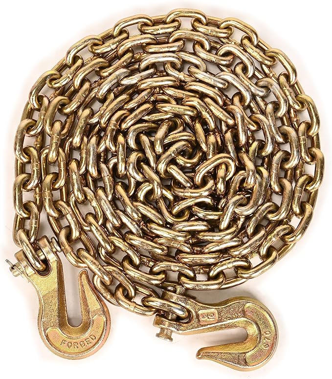 AAIN G80 Heavy Duty Transport Chain 516 Inch x 10 Foot, Load Binder Tow Lock Chains with G70 Clevis Grab Hooks, 4,900 lbs Safe Working Load for Loading Tie Down Fixed Cargo Flatbed Truck Trailer
