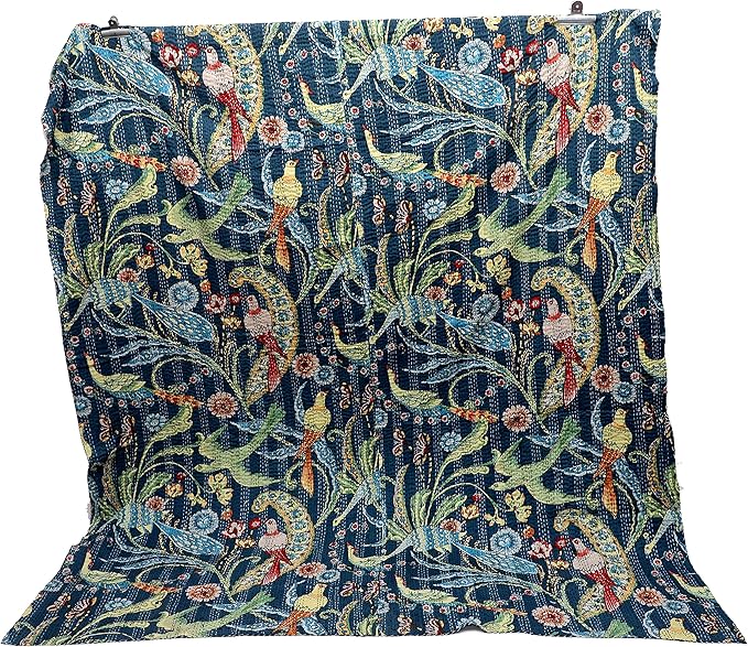 Somukara Indian Hand Block Animal Print Kantha Quilt Handmade Cotton Queen Size Kantha Bedding Throw Kantha Bohemian Blanket Bed Cover Kantha Bedspread Gudari (Blue)