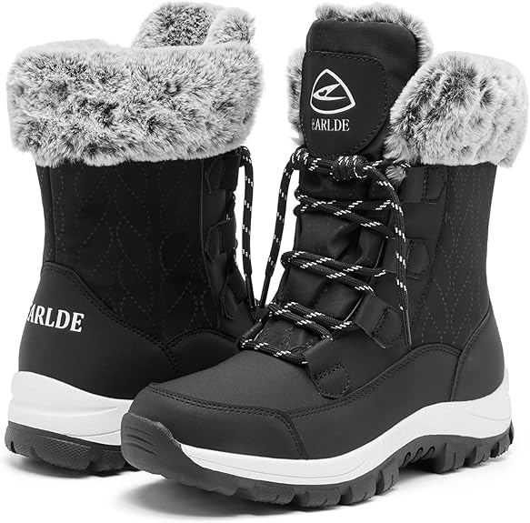 EARLDE Women's Snow Boots With Waterproof Lace Up Mid-Calf Outdoor Winter Deep Tread Rubber Sole