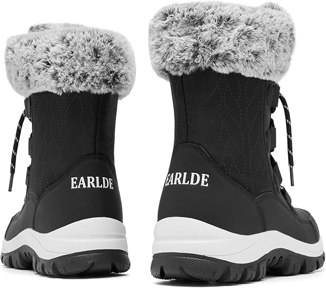 EARLDE Women's Snow Boots With Waterproof Lace Up Mid-Calf Outdoor Winter Deep Tread Rubber Sole